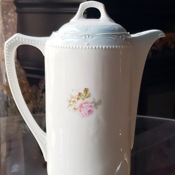 ANTIQUE GERMAN PORCELAIN CERAMIC PINK ROSES CHOCOLATE COFFEE TEA POT - Picture 12 of 14